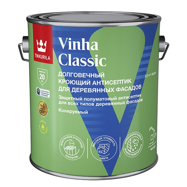 TIKKURILA VINHA CLASSIC антисептик кроющий водоразбавляемый полуматовый база A 2,7л